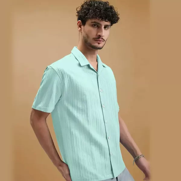 Aqua Blue Textured Short Sleeve Shirt - Image 2
