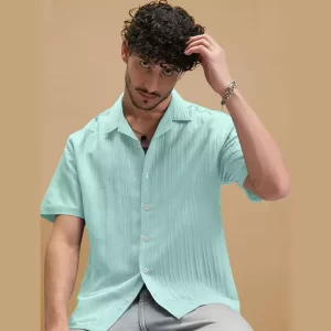 Aqua Blue Textured Short Sleeve Shirt