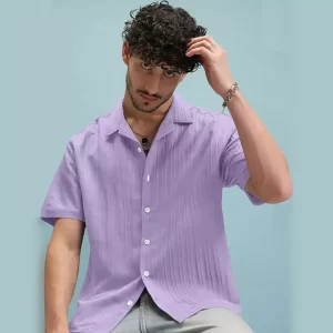 Lavender Relaxed-Fit Textured Half-Sleeve Shirt