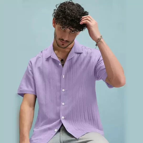 Lavender Relaxed-Fit Textured Half-Sleeve Shirt