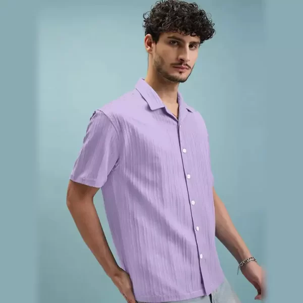 Lavender Relaxed-Fit Textured Half-Sleeve Shirt - Image 2