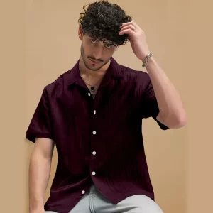 Deep Burgundy Textured Half-Sleeve Casual Shirt