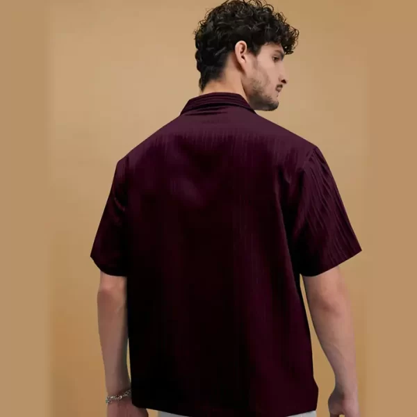 Deep Burgundy Textured Half-Sleeve Casual Shirt - Image 3
