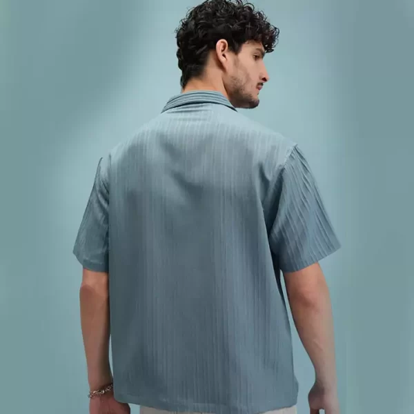 Steel Blue Textured Short Sleeve Shirt - Image 3