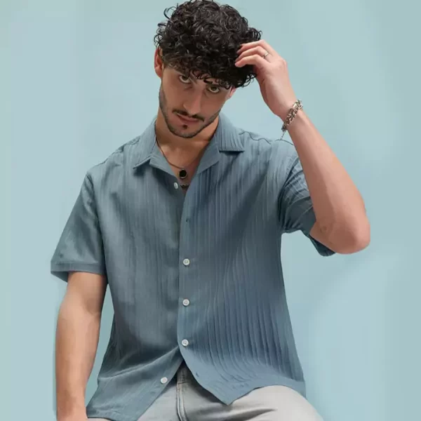Steel Blue Textured Short Sleeve Shirt - Image 4
