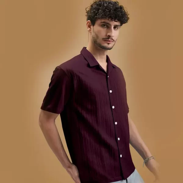Deep Burgundy Textured Half-Sleeve Casual Shirt - Image 2
