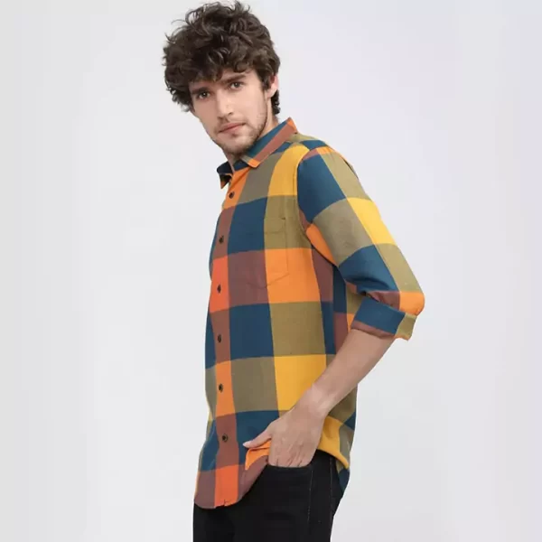 Yellow Colour Blue Squared Checked Full sleeve shirt - Image 3