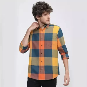 Yellow Colour Blue Squared Checked Full sleeve shirt