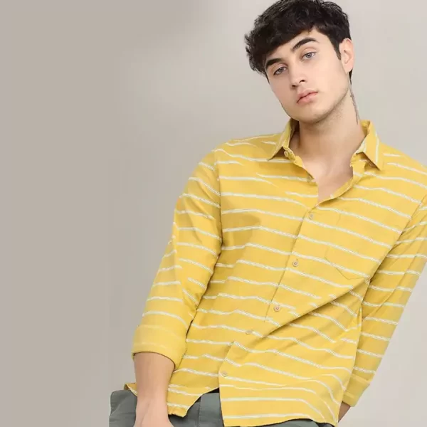 Men's Casual Yellow Striped Cotton Shirt - Image 2