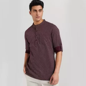 Dark Brown Round Neck with White Dotted Short Kurta