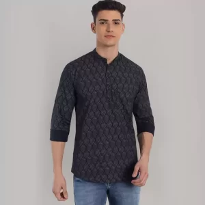 Leaf Patterned Black Printed Short Kurta