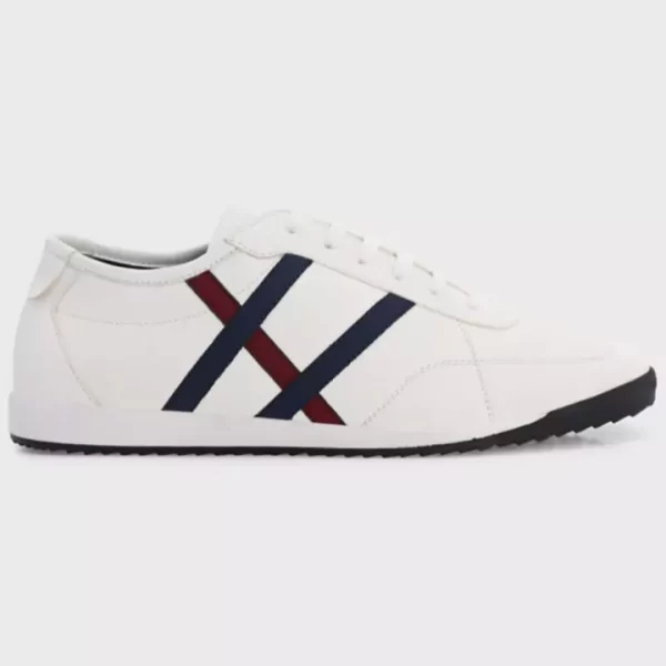 White Casual Sneakers with Navy and Red Stripe Detailing - Image 3