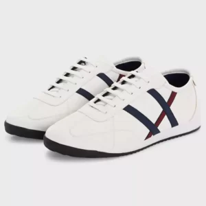 White Casual Sneakers with Navy and Red Stripe Detailing