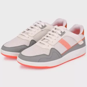 Stylish White and Grey Casual Sneakers with Orange Accents